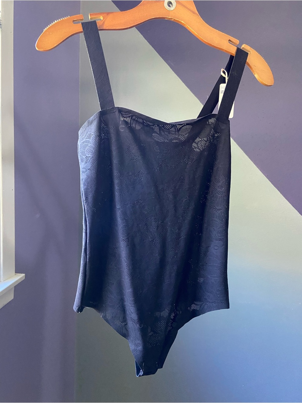 aerie Black Lace-Texture Shaping Bodysuit with Wide Straps